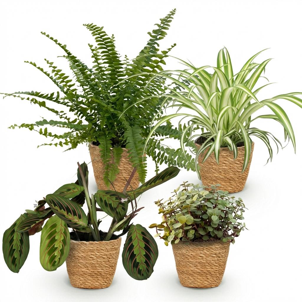 Zimmerpflanzen Mix Set im Korb – Chlorophytum Maranta Calissia Nephrolepsis – 4er Set Ø12cm Höhe25cm – Haustierfreundliche Grünpflanzen