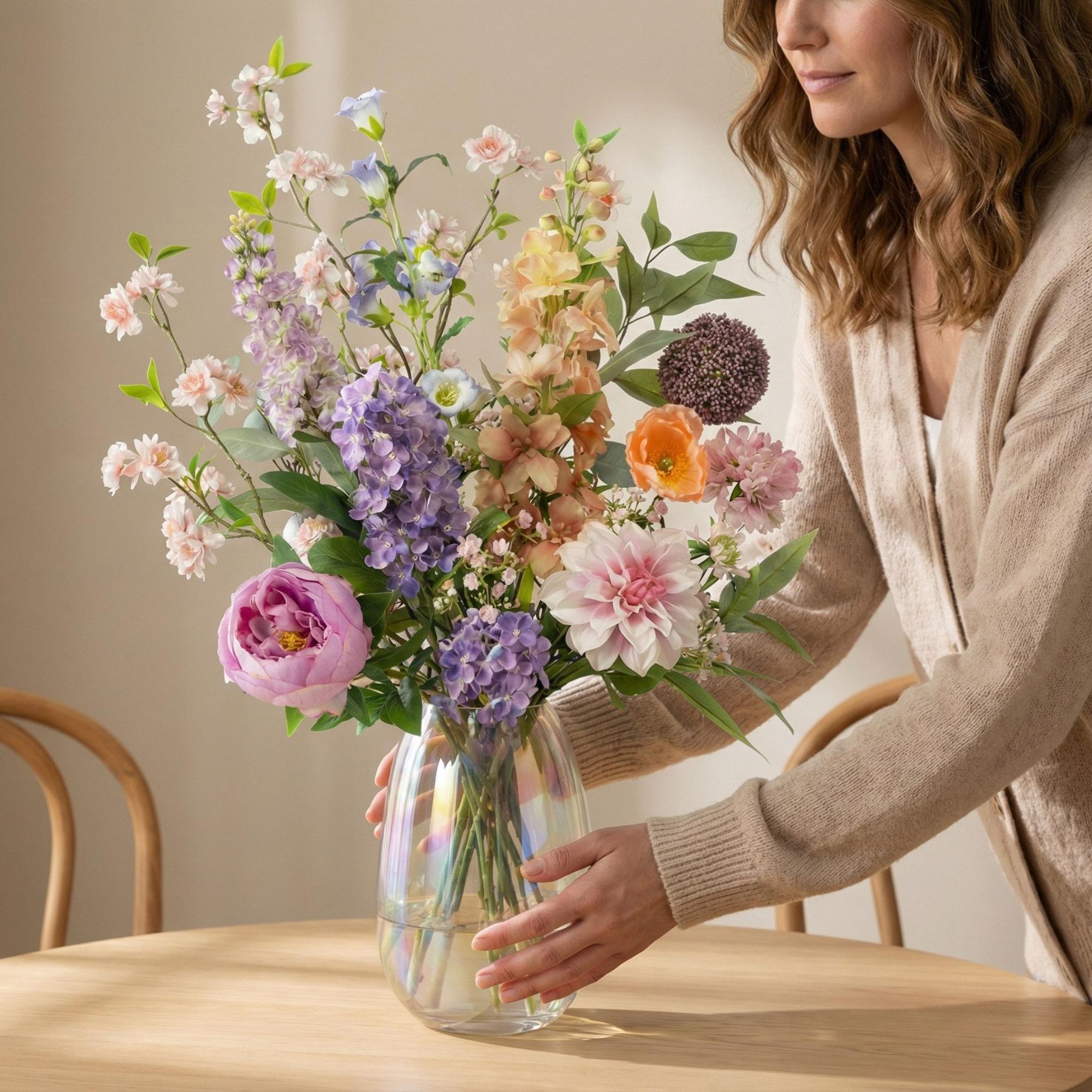 Kunstblumenstrauß Pastel Meadow Deluxe 100cm – Real Touch Blumenstrauß mit 15 Stielen – Pflegefreie Premium Dekoblumen