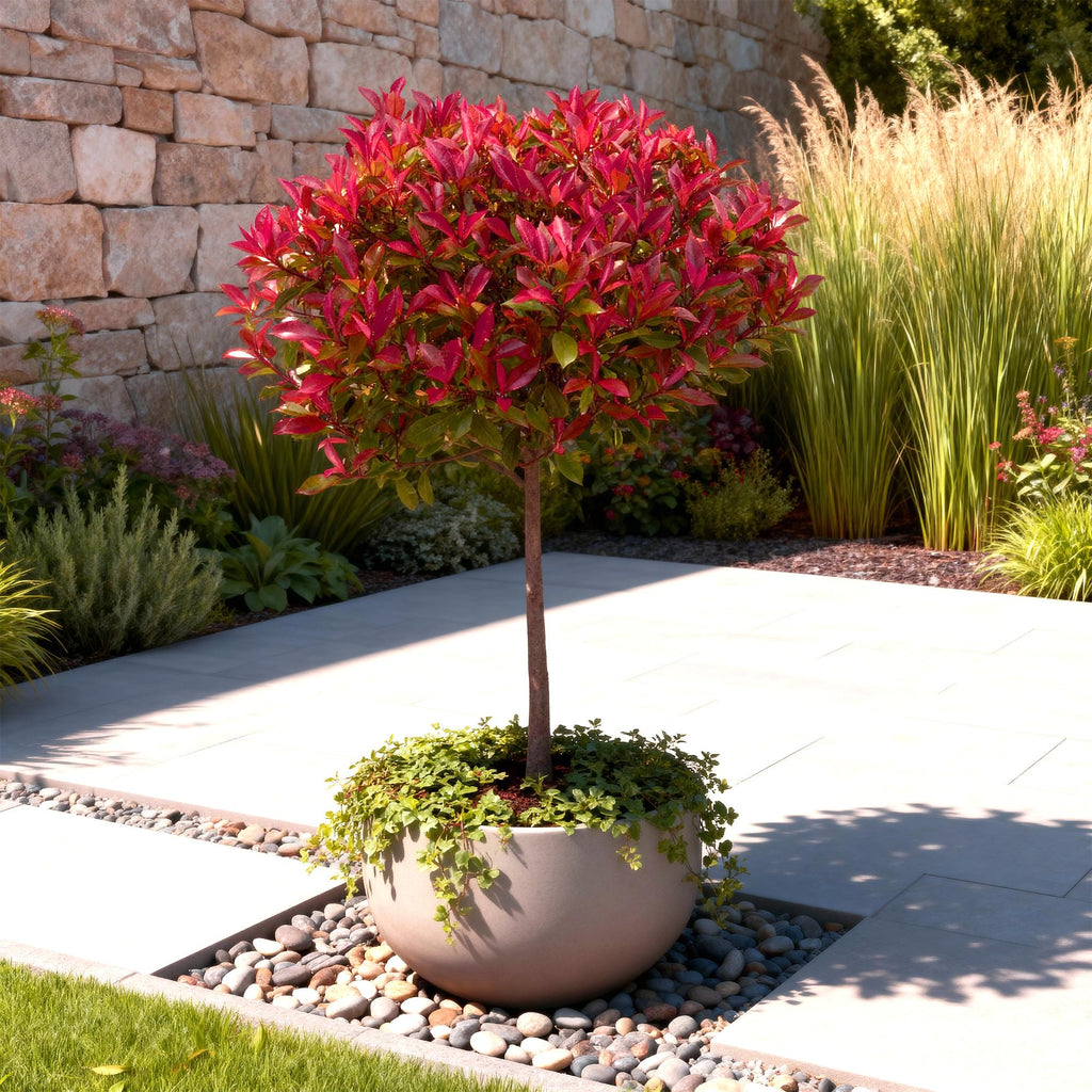 Glanzmispel Photinia fraseri Carré Rouge – 19cm Höhe ca.90cm – Immergrün & winterhart – Grün – rotes Laub – Ziergehölz – Plant