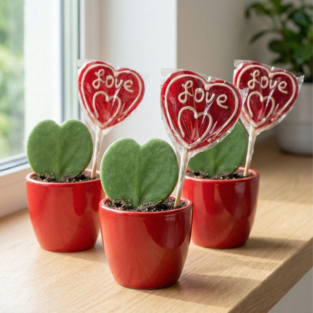 Hoya Kerrii Sweetheart – Herzpflanze im roten Keramiktopf Ø6cm – Mini Geschenkset mit Lutscher – Pflegeleichte Zimmerpflanze