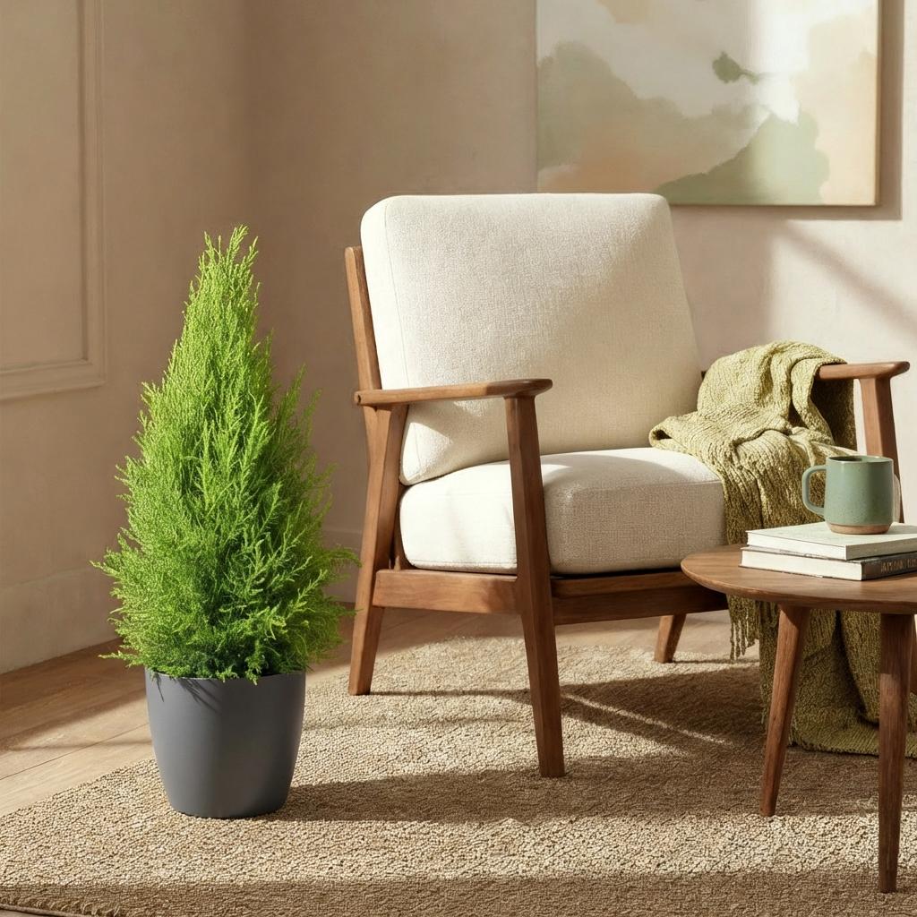 Cupressus Gold Crest Wilma Zimmerpflanze Mit Grauem Topf Ø21cm Höhe ca.85-95cm Zimmerkonifere Pflegeleicht Grünpflanze für Zimmer & Büro & Innenraum