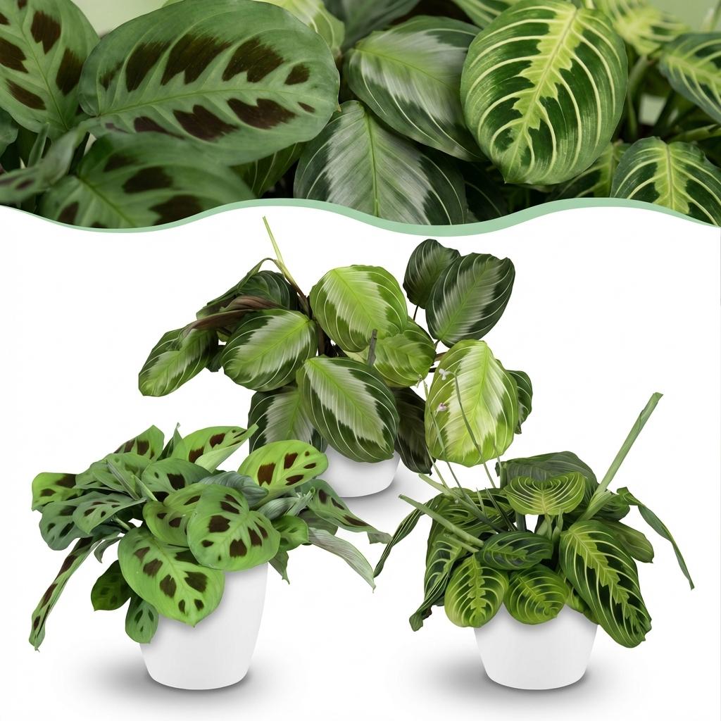 Maranta Mix Gebetspflanze Silverband Lemon Lime Kerchoveana Zimmerpflanze 3er Set mit weißem Topf Ø12cm Höhe 25cm Haustierfreundliche Grünpflanzen