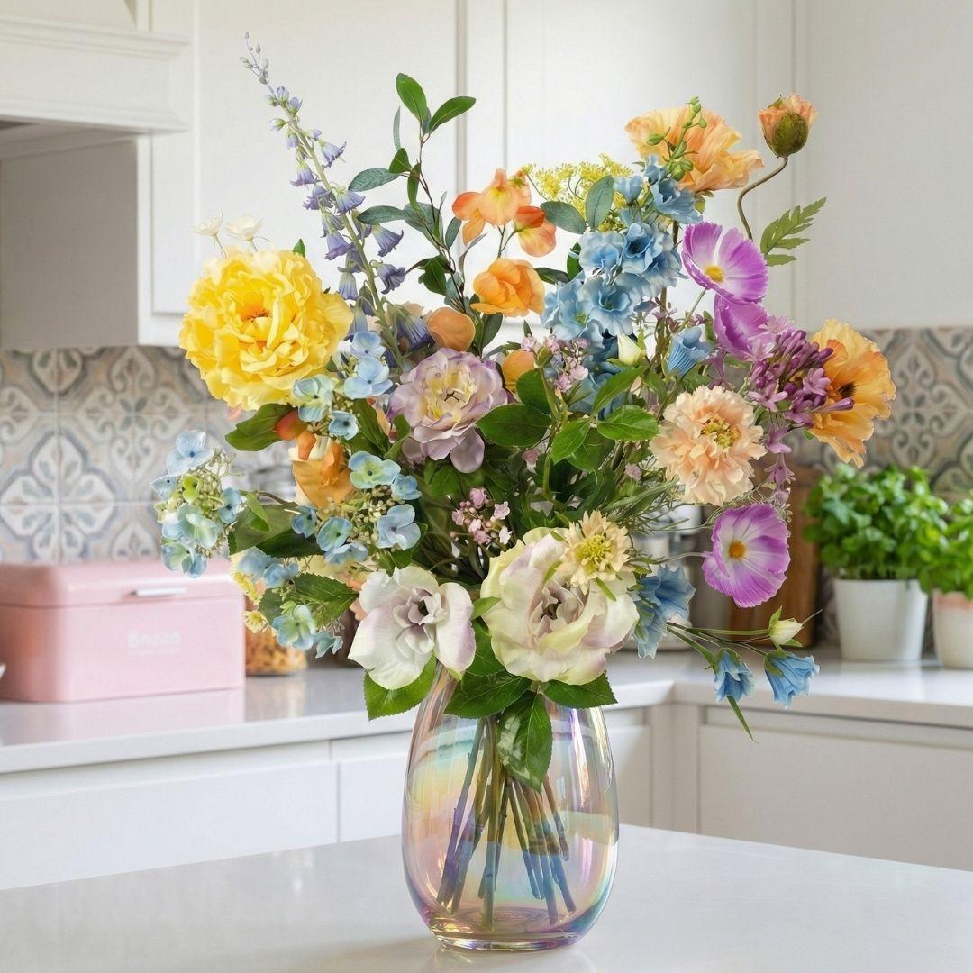 Kunstblumenstrauß Soft Spring Deluxe – Real Touch Blumen – 18 Stiele – 85cm Höhe – Pastell Frühlingsfarben