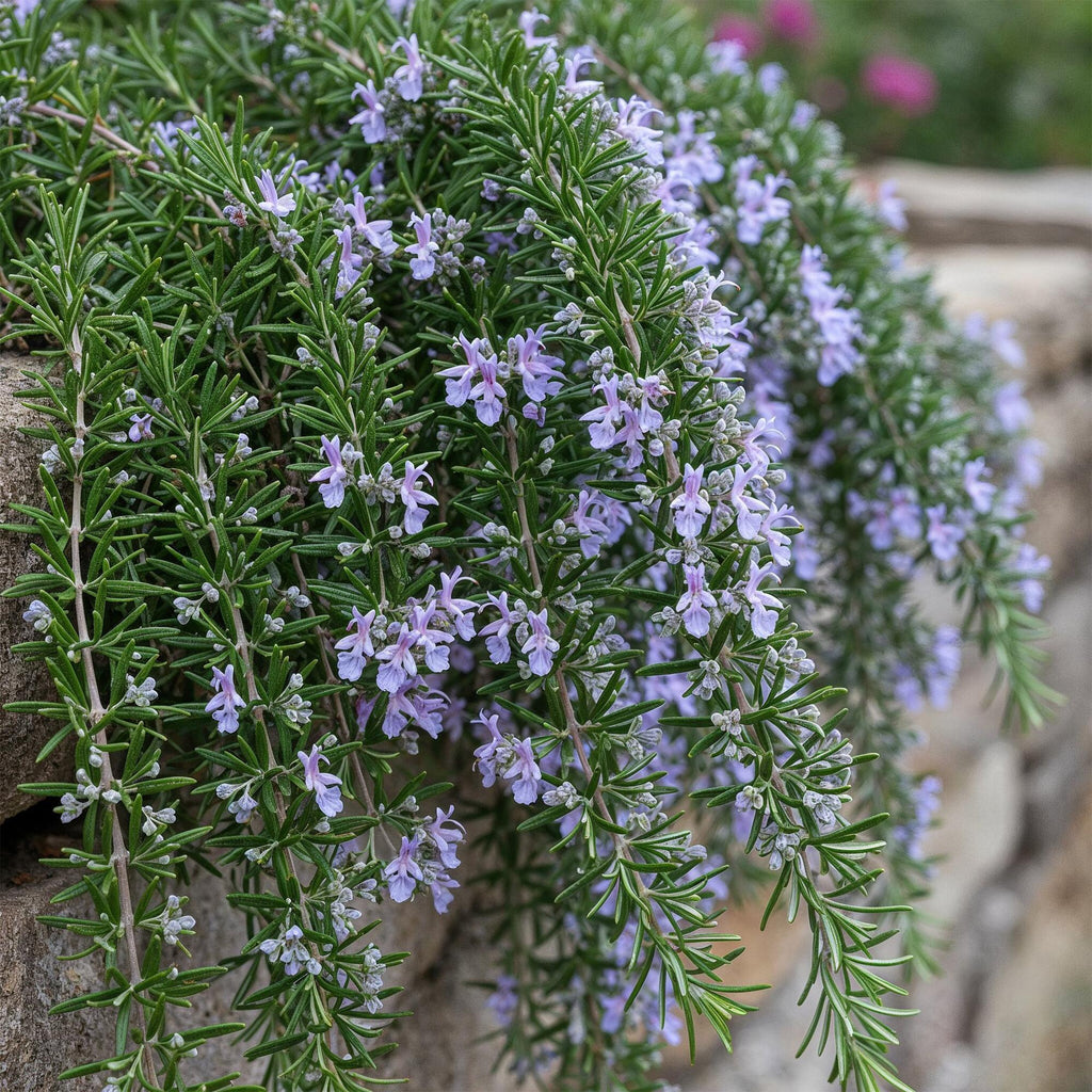 Rosmarin Rosmarinus officinalis Prostratus – 19cm Höhe ca.90cm – Immergrün & winterhart – Lila Blüte – Duftender Kräuterrosmarin – Plant