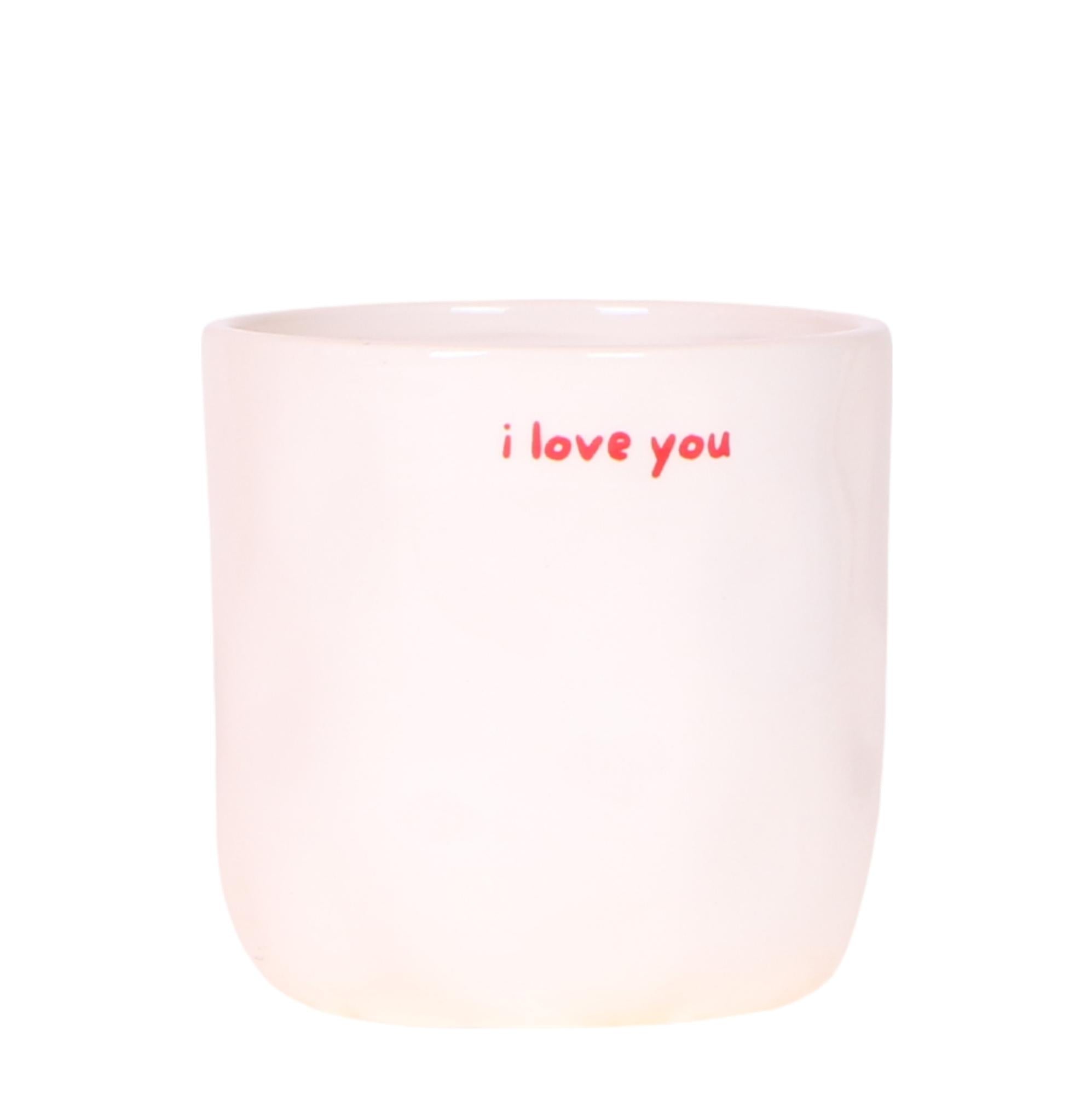 Ziertopf I Love You – Ø9cm – Weißer Keramiktopf mit rotem Schriftzug – Romantischer Blumentopf als Geschenkidee – Plant