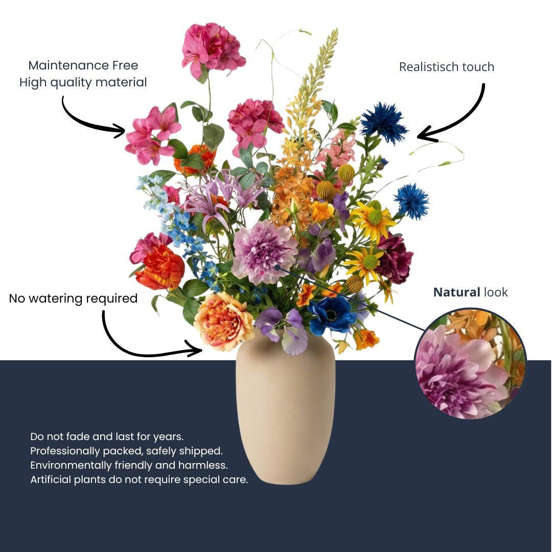 Kunstblumenstrauß Summer Garden Deluxe – Real Touch Blumen – 19 Stiele – 100cm Höhe – Bunte Sommerfarben