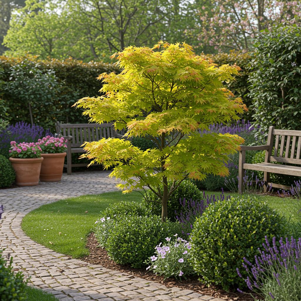 Japanischer Ahorn Acer palmatum 'Jordan' – Gelb – Grün – Balkon – & Gartenpflanze – Ø19cm – Ca. 70cm hoch – Plant