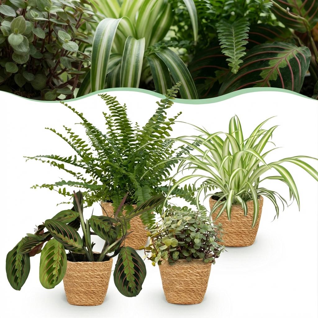 Zimmerpflanzen Mix Set im Korb – Chlorophytum Maranta Calissia Nephrolepsis – 4er Set Ø12cm Höhe25cm – Haustierfreundliche Grünpflanzen