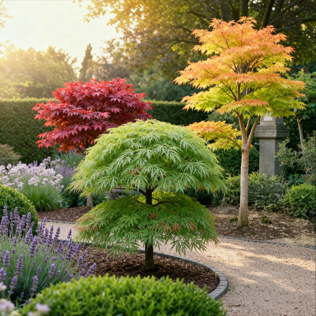 Ahorn Acer palmatum Tricolour – 3 Pflanzen – 12cm – Höhe ca. 35cm – Pflegeleichter japanischer Ahorn in Orange, Rot & Grün für Beet, Balkon & Terrasse