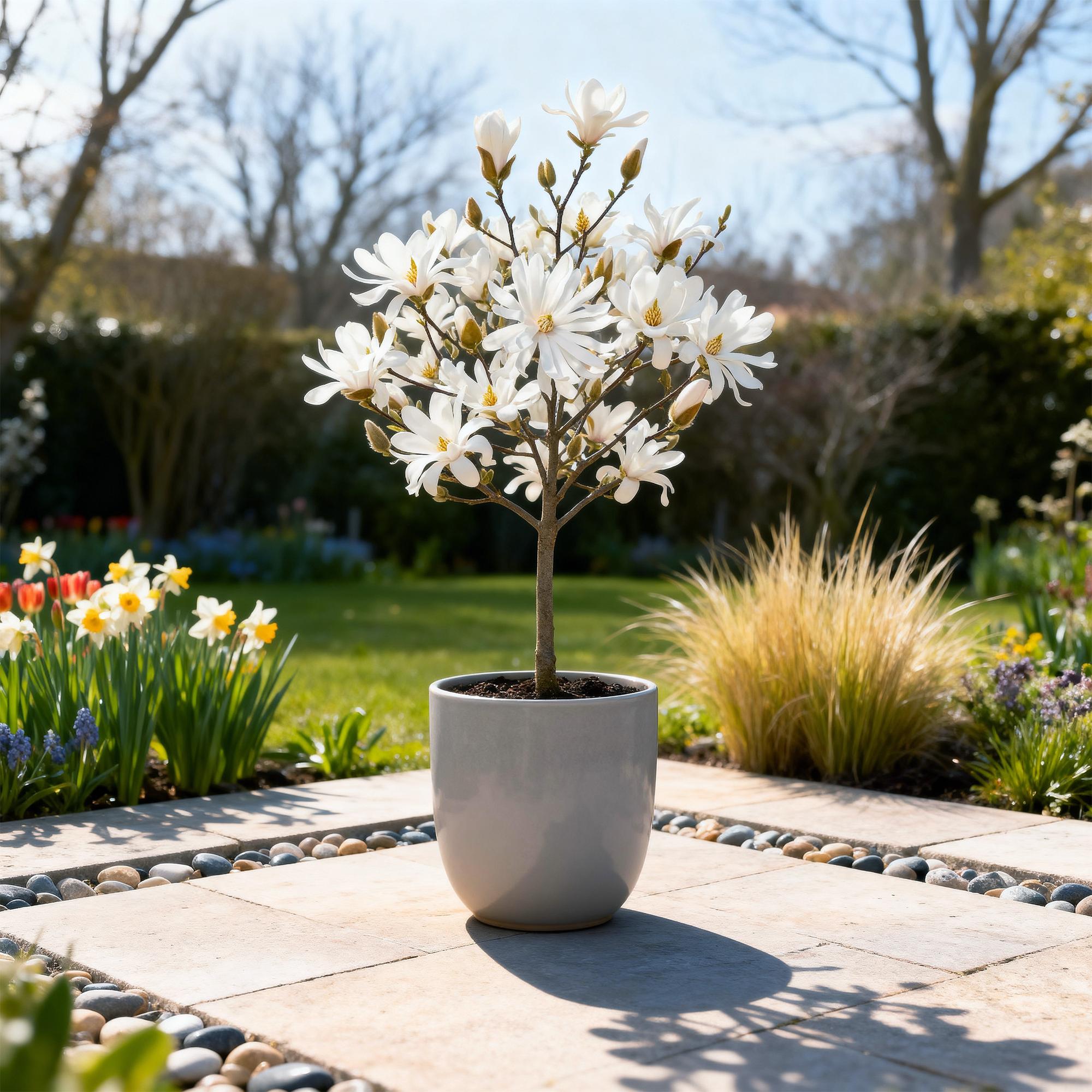 Sternmagnolie Magnolia stellata – 19cm Höhe ca.90cm – Weiß blühend – Laubabwerfend & winterhart – Elegante Magnolie für Beet Balkon Terrasse – Plant