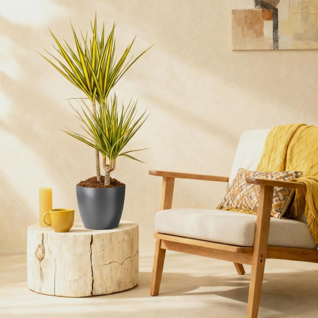 Dracaena Sunray Pflanze Mit Grauem Topf Ø21cm Höhe ca.90-100cm Drachenbaum Grün Gelb Pflegeleicht Großpflanze Für Wohnzimmer Büro & Empfangsbereich