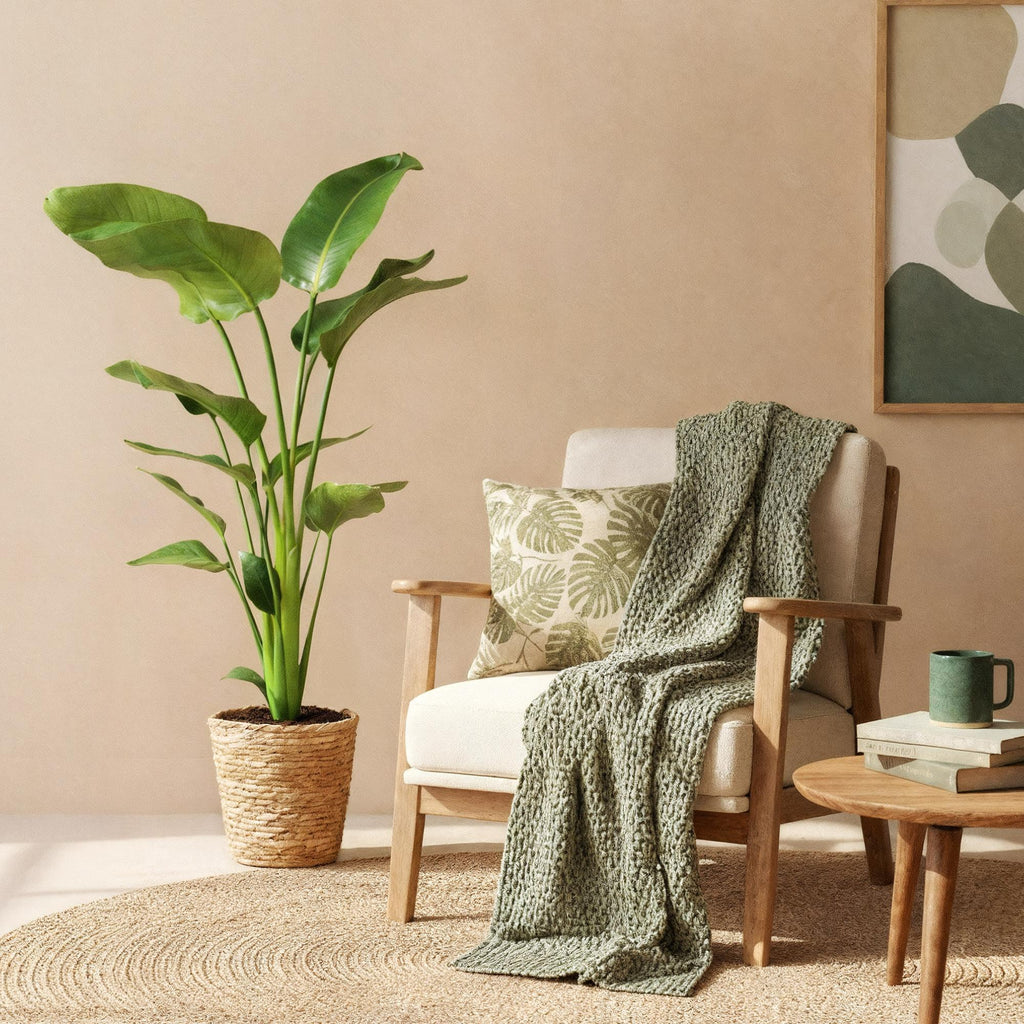 Baum – Strelitzie Strelitzia nicolai – Große pflegeleichte Paradiesvogelblume im dekorativen Korb – 21cm – Höhe 110-120cm – Tropische Grünpflanze – Plant