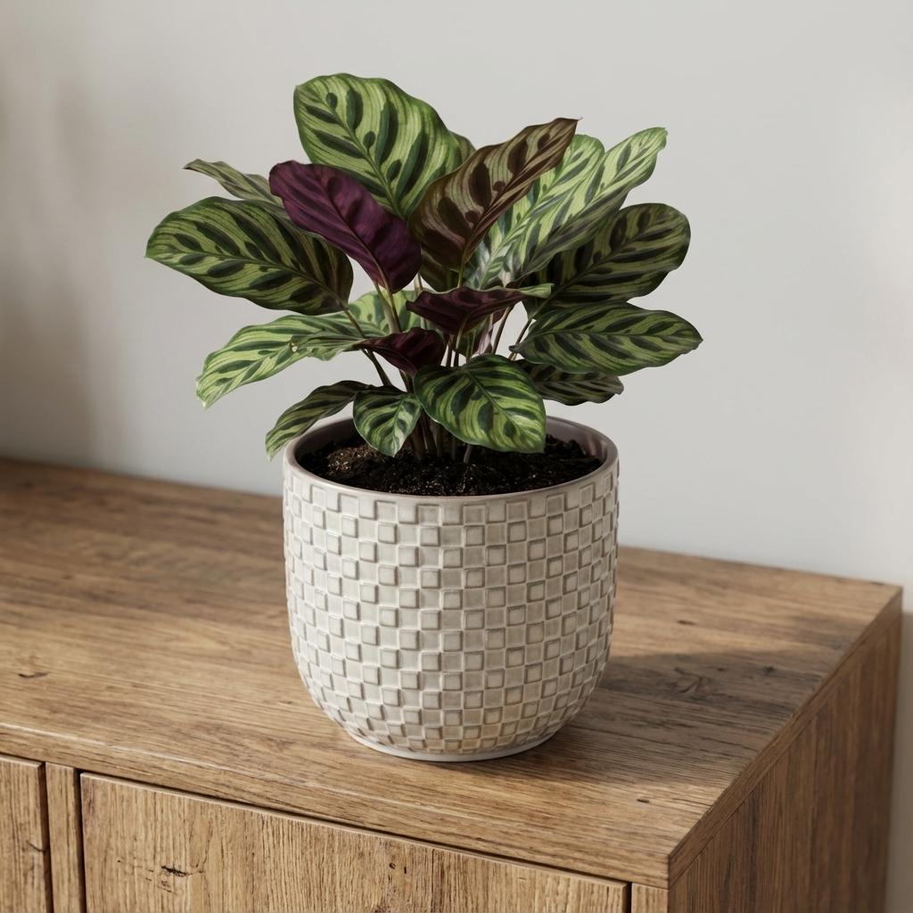 Pflanztopf Relief hellgrau D13,5cm – Blumentopf mit geometrischem Quadratmuster – strukturierte Oberfläche mit Innenrand-Kontrast – moderner Dekotopf für Zimmerpflanzen & Kräuter – Pot