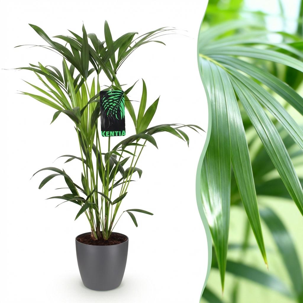 Howea Forsteriana Kentia Palme Zimmerpflanze mit grauem Topf Ø19cm Höhe 80-85cm Pflegeleichte exotische Grünpflanze für Wohnzimmer Büro Schlafzimmer