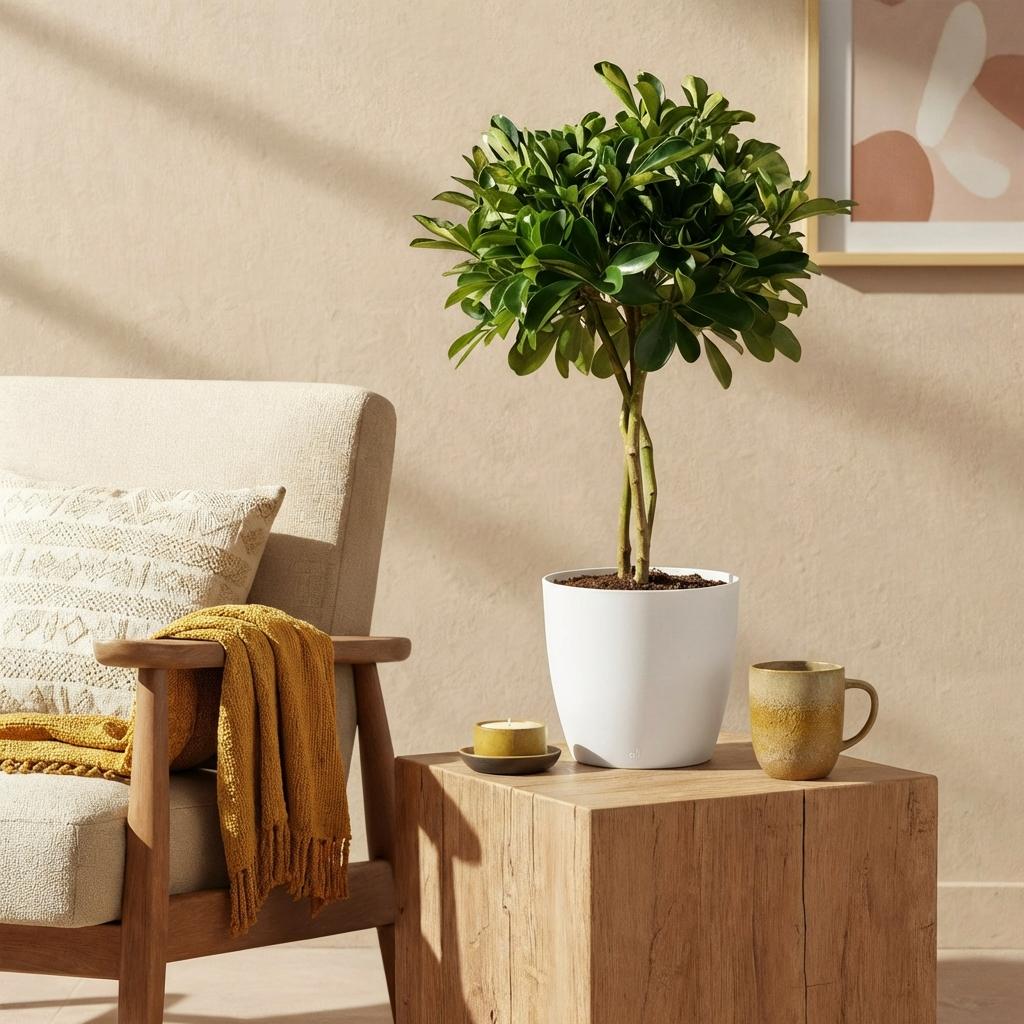 Schefflera Gold Capelle Fingerbaum Pflanze mit weißem Topf Ø21cm Höhe 70-81cm Pflegeleichte Grünpflanze mit goldenen Blattakzenten für Zimmer & Büro