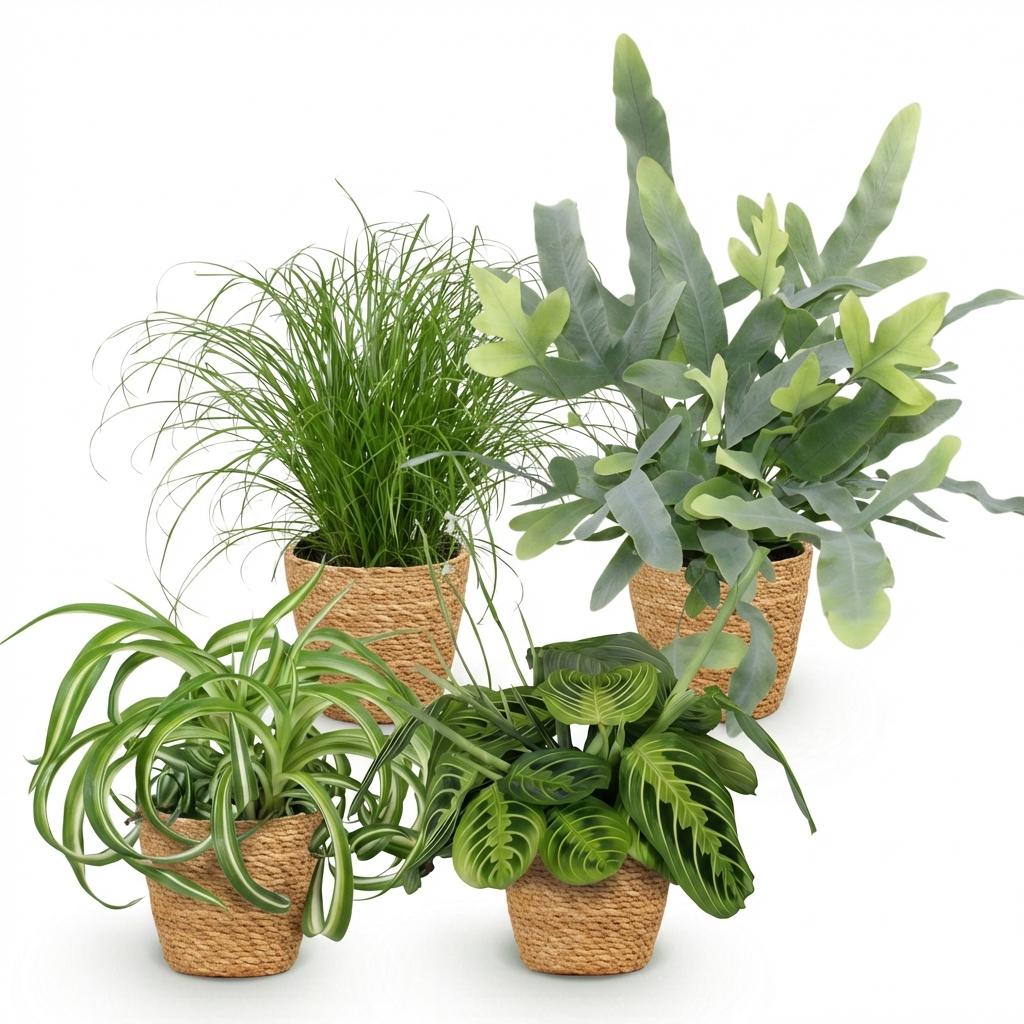 Zimmerpflanzen Mix 4er Set Chlorophytum Cyperus Phlebodium Maranta inkl. Naturkorb