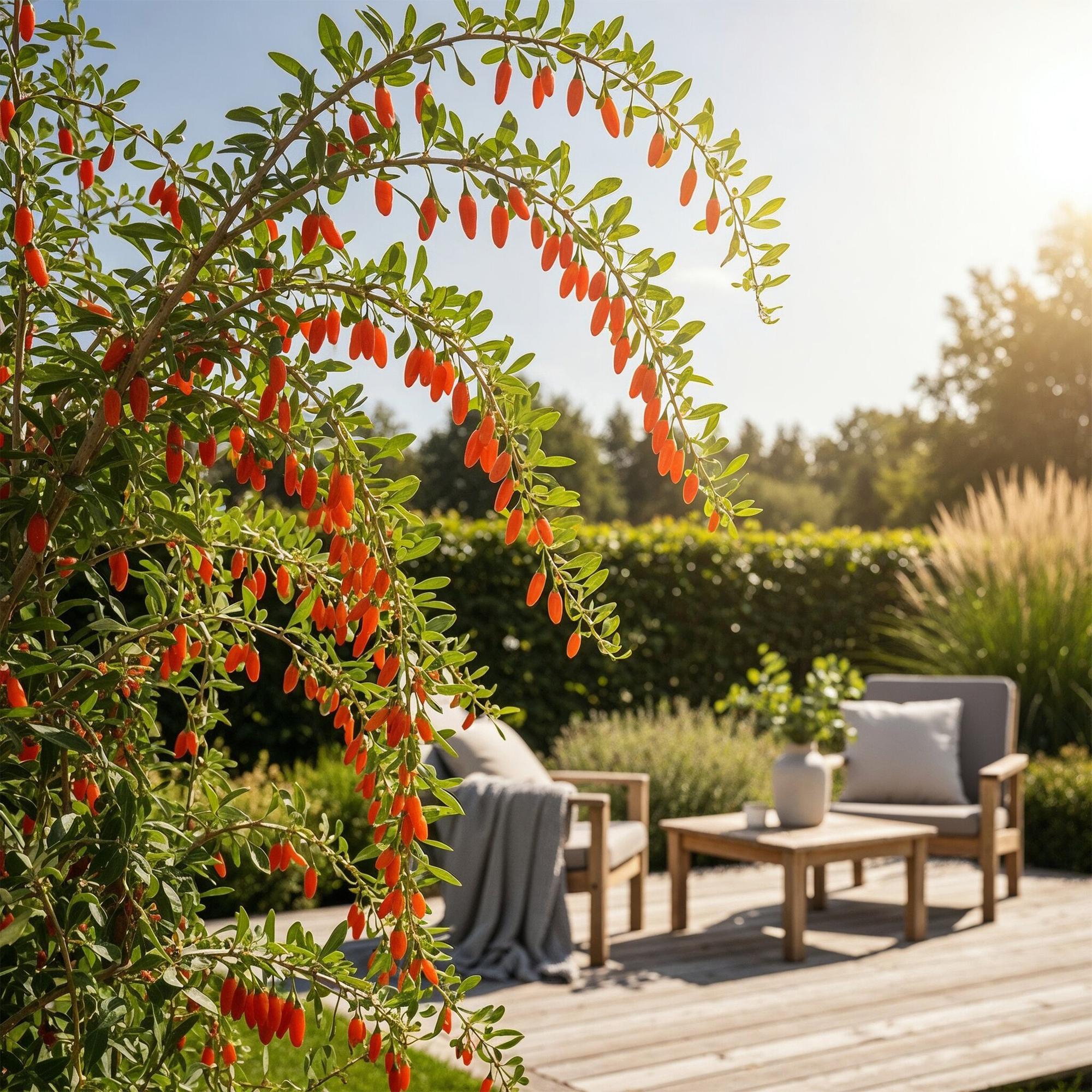 Goji – Beere Lycium barbarum winterhart Ø9cm Höhe 30cm – Rote orange Beerenpflanze für Garten Beet Balkon & Terrasse