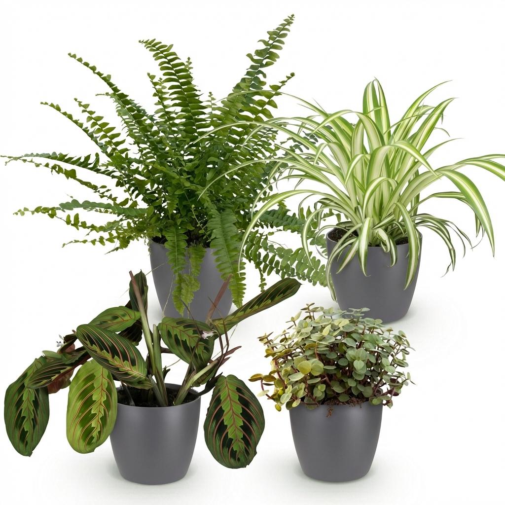 Zimmerpflanzen Mix Set – Chlorophytum Maranta Calissia Nephrolepsis – 4er Set im grauen Topf Ø12cm Höhe25cm – Haustierfreundliche Grünpflanzen