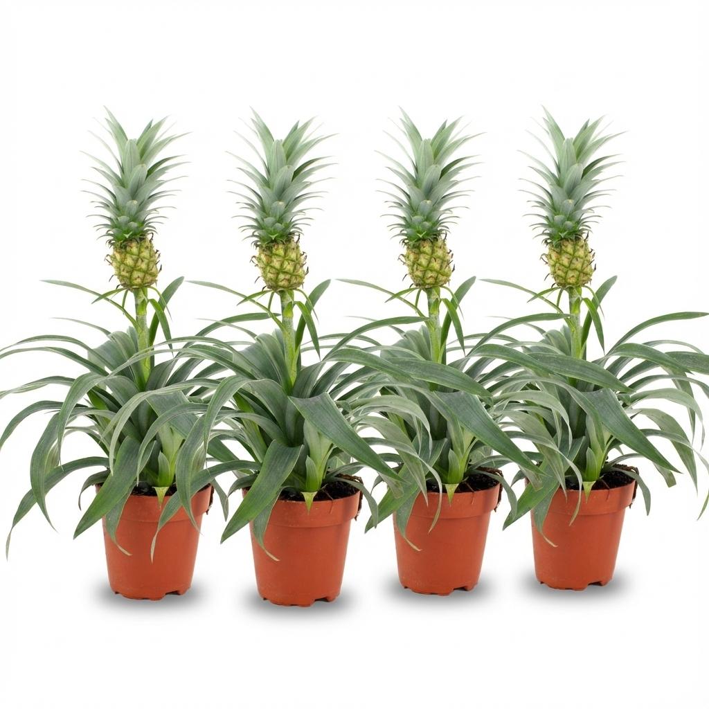 Ananaspflanze Mi Amigo – 4 Pflanzen – Ø12cm – Höhe 35-40cm – Tropische Zimmerpflanze mit Mini – Ananas – Exotische Pflanze für Wohnraum & Büro