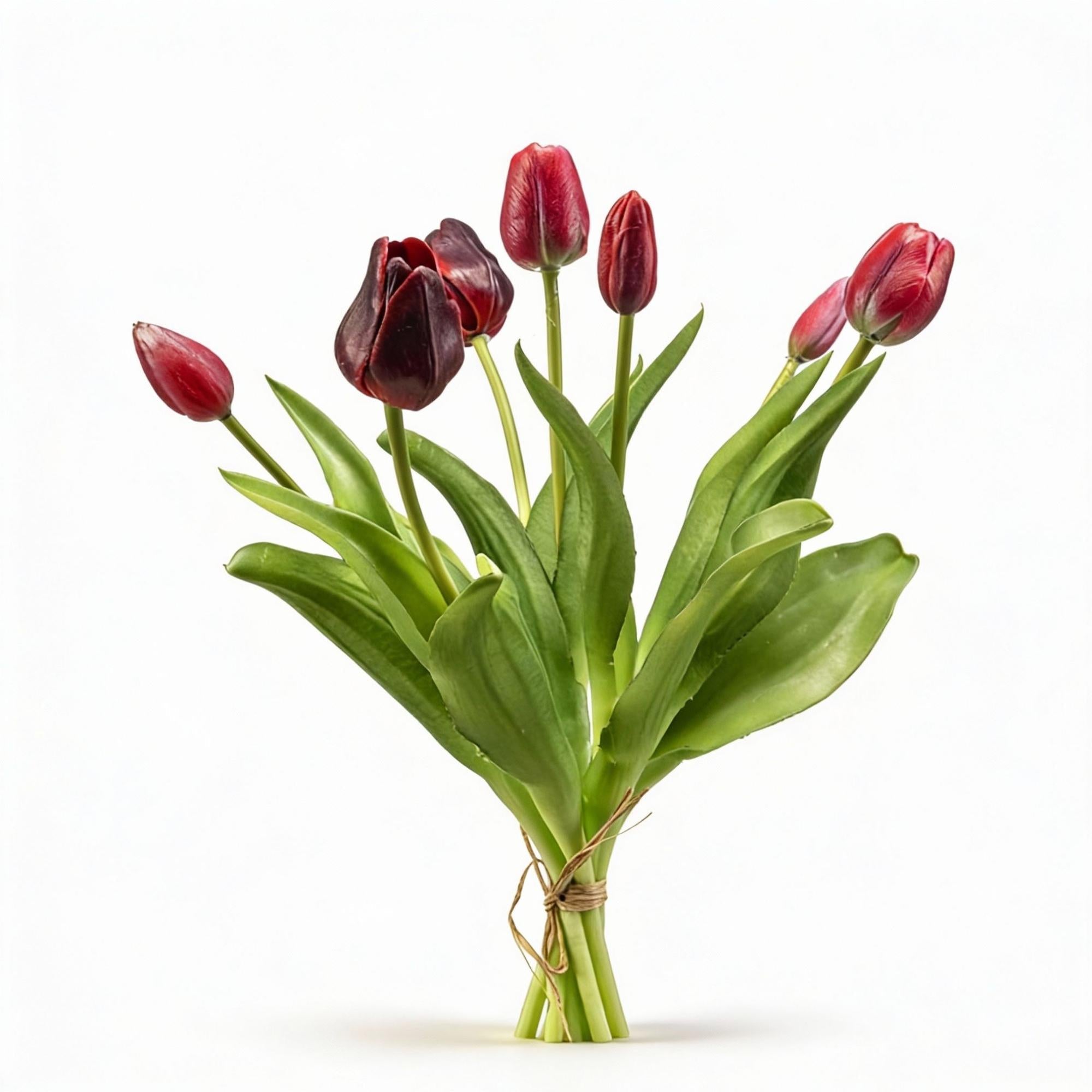 Tulpenstrauß Dunkelrot Real Touch Kunsttulpen – 7 Stiele – 42cm – Kunstblumenstrauß in Bordeaux – Optik – Plant