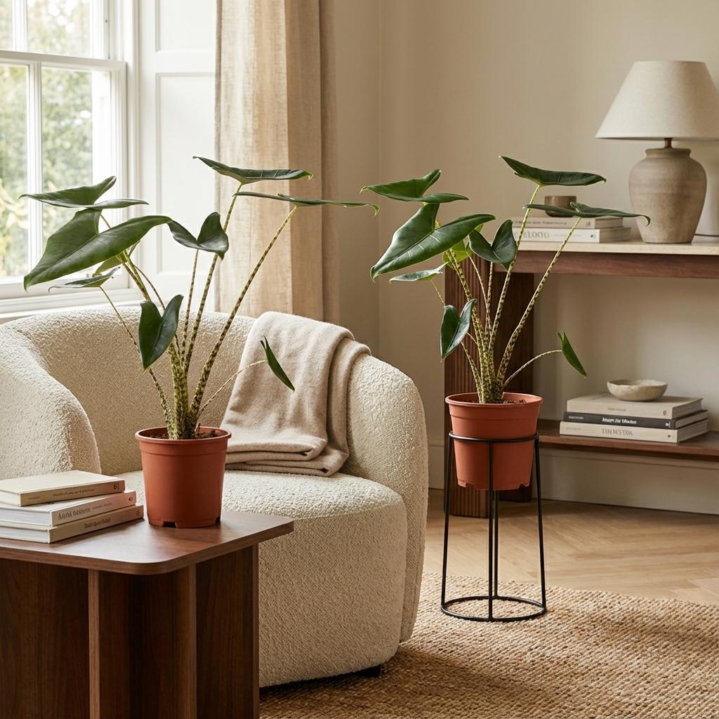 Alocasia Zebrina – 2 Pflanzen – Ø21cm – Höhe 70-75cm – Elefantenohr Zimmerpflanze – Dekorative Blätter mit Zebra – Stielen – Exotische Wohnpflanze