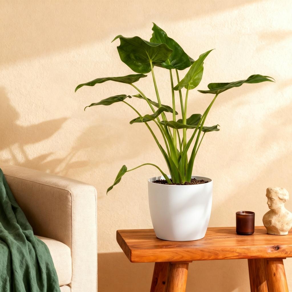 Alocasia Cucullata Buddha – Hand Zimmerpflanze mit weißem Topf Ø21cm Höhe 65-70cm Pflegeleichte exotische Grünpflanze für Wohnzimmer Büro Schlafzimmer