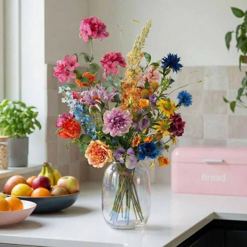 Kunstblumenstrauß Summer Garden Deluxe – Real Touch Blumen – 19 Stiele – 100cm Höhe – Bunte Sommerfarben