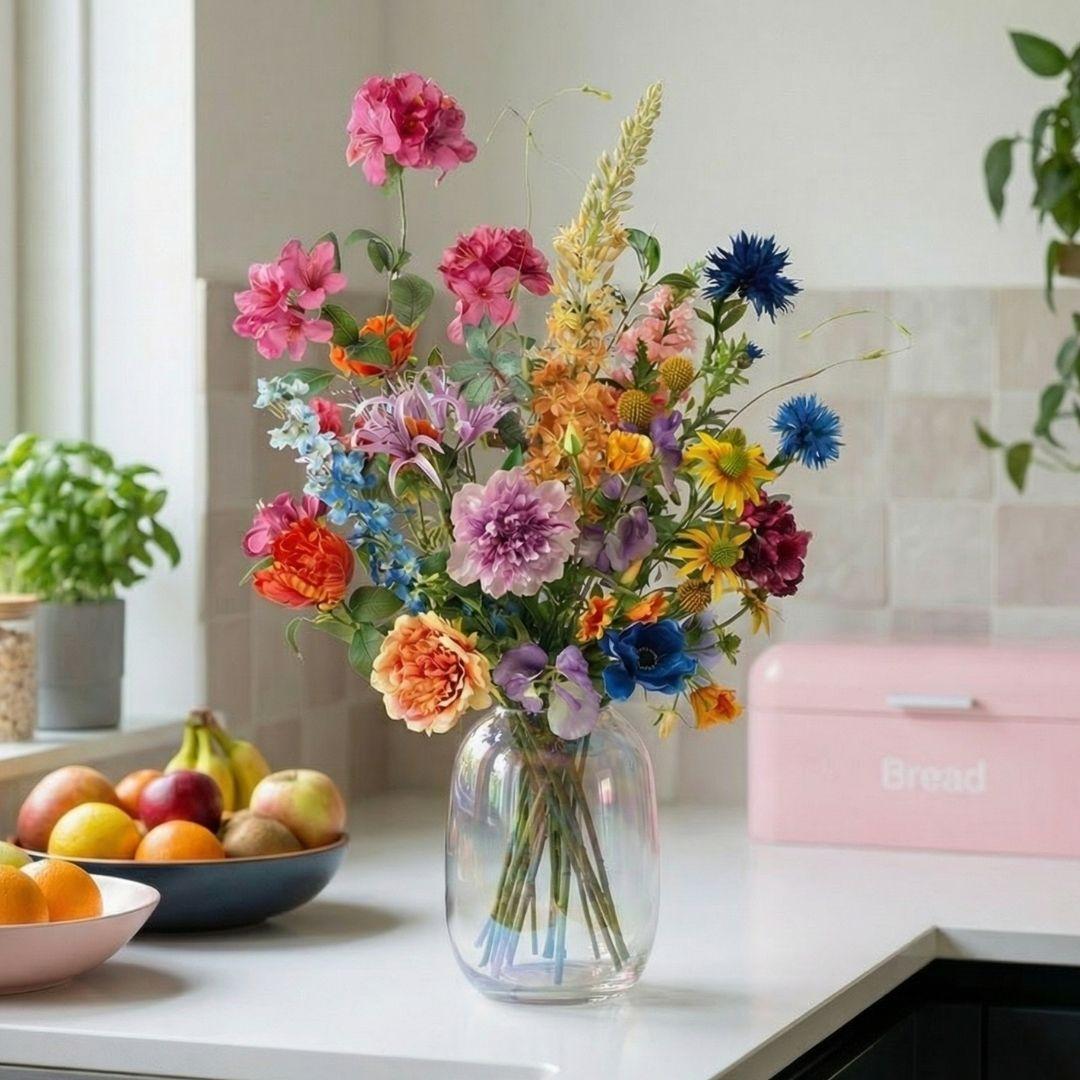 Kunstblumenstrauß Summer Garden Deluxe – Real Touch Blumen – 19 Stiele – 100cm Höhe – Bunte Sommerfarben