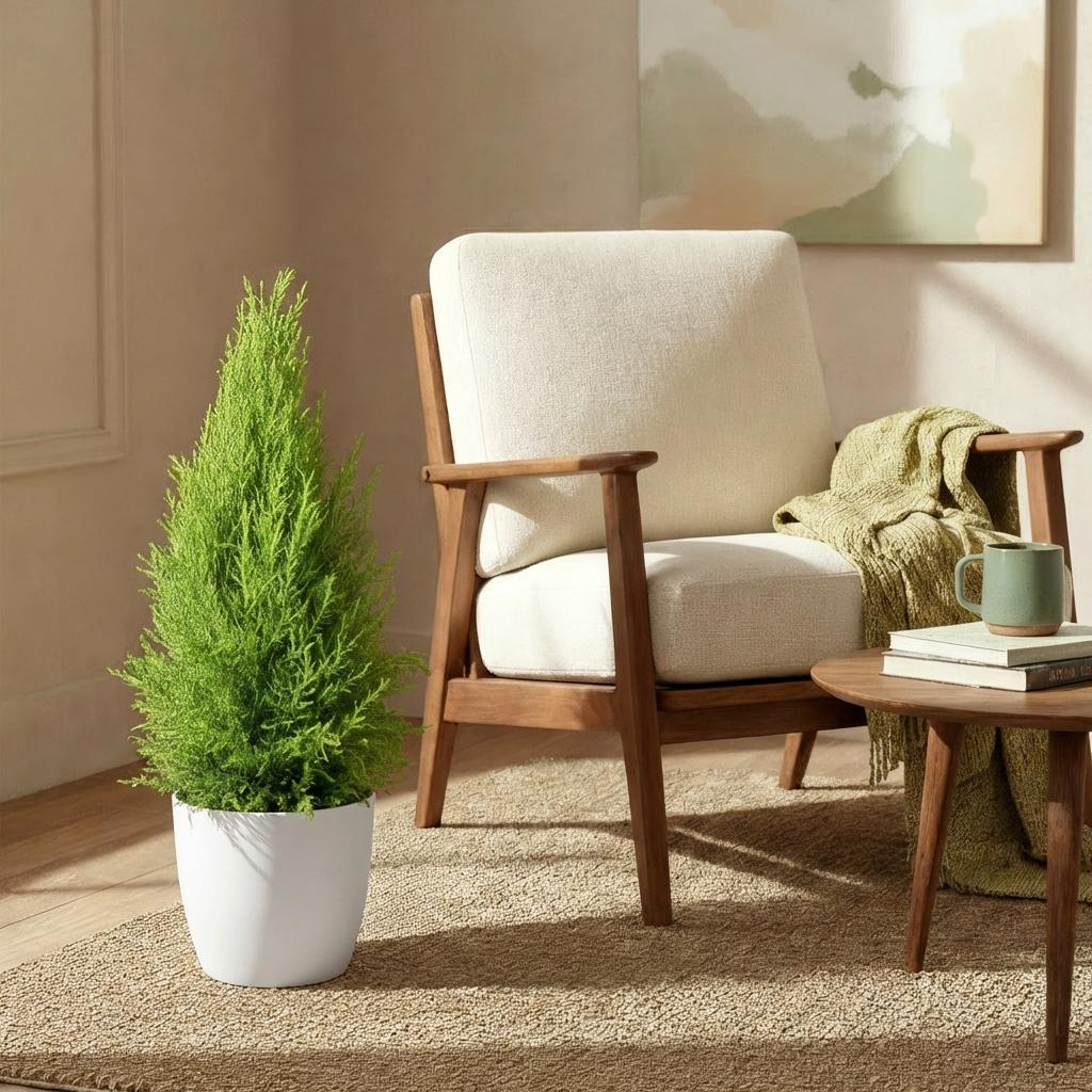 Cupressus Gold Crest Wilma Zimmerpflanze Mit Weißem Topf Ø21cm Höhe ca.85-95cm Zimmerkonifere Pflegeleicht Grünpflanze für Zimmer & Büro & Innenraum