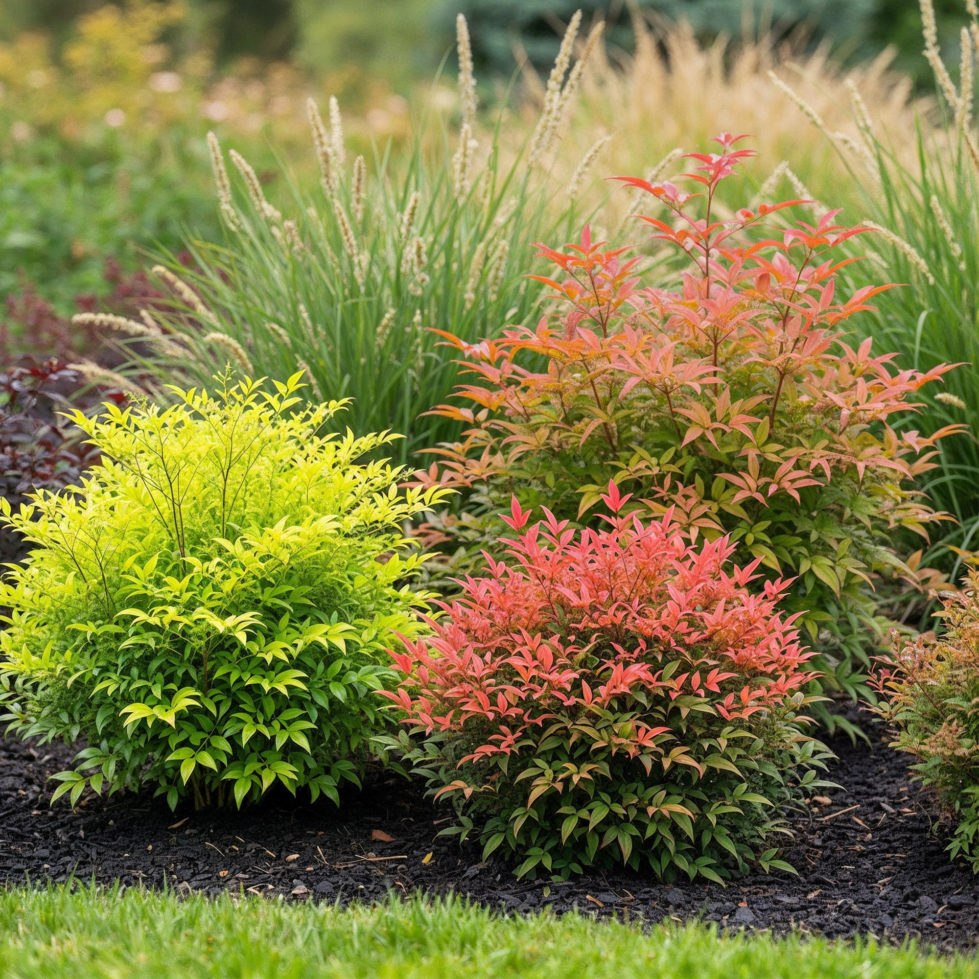 Himmelsbambus Nandina Tricolour – 3 Pflanzen 17cm Höhe ca.45cm – Immergrün & farbwechselnd – Gelb Rot Orange Laub für Beet Balkon Terrasse