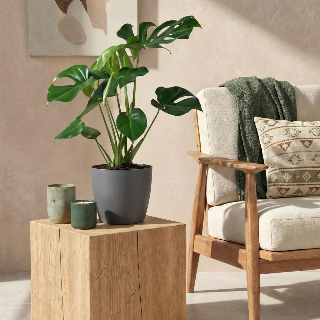 Monstera Deliciosa Fensterblatt – Große Zimmerpflanze im grauen Topf Ø21cm Höhe70-80cm – Pflegeleichte Grünpflanze