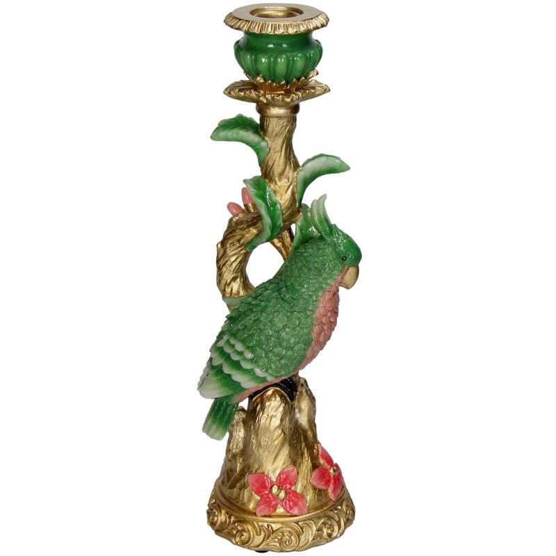 Kerzenständer Bunter Vogel 33,5cm – Polyresin – Kerzenhalter Grün – Verspieltes Wohnaccessoire & dekorativer Vogel – Kerzenleuchter – Plant