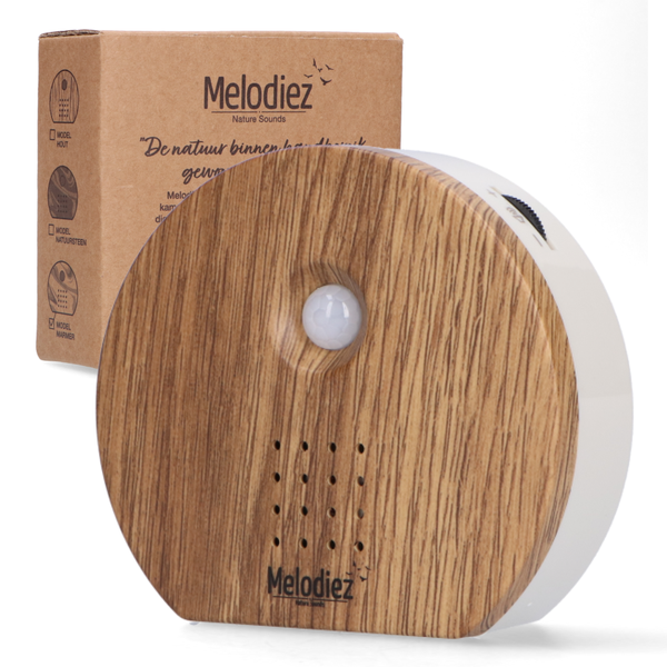 Melodiez Musikbox – Melody Nature Box aus dunklem Holz – Soundbox mit Vogelgezwitscher, Meeresrauschen & Dschungelklängen – Mit Bewegungsmelder – Plant