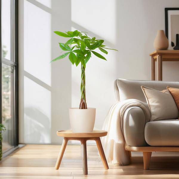 Pachira Aquatica Geldbaum Glückskastanie ca. 80cm mit geflochtenem Stamm im weißen Viber Biotopf Ø21cm – Zimmerpflanze für Wohnung Büro Wohnzimmer – Plant