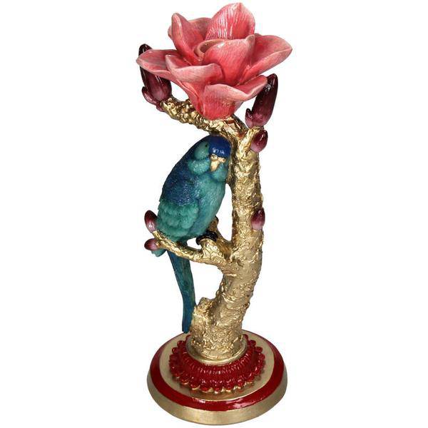 Kerzenständer aus Kunststein – Vogel & Blume – Kerzenhalter Polyresin – 27cm – Dekorativer Kerzenständer mit blauem Vogel und roter Rose – Plant