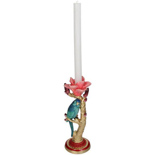 Kerzenständer aus Kunststein – Vogel & Blume – Kerzenhalter Polyresin – 27cm – Dekorativer Kerzenständer mit blauem Vogel und roter Rose – Plant