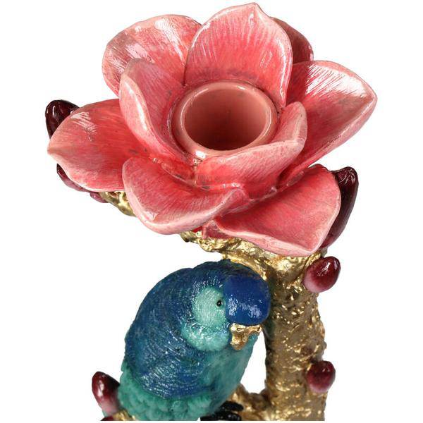 Kerzenständer aus Kunststein – Vogel & Blume – Kerzenhalter Polyresin – 27cm – Dekorativer Kerzenständer mit blauem Vogel und roter Rose – Plant