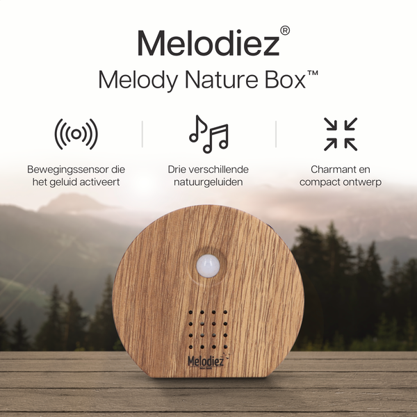 Melodiez Musikbox – Melody Nature Box aus dunklem Holz – Soundbox mit Vogelgezwitscher, Meeresrauschen & Dschungelklängen – Mit Bewegungsmelder – Plant