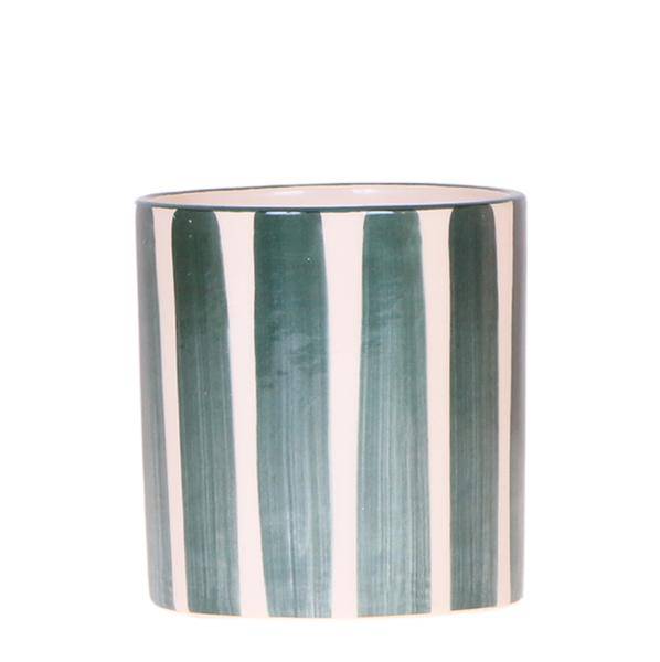 Topf – Bemalter Streifen – Grün – Ø9cm – Keramik Übertopf im mediterranen Stil – Handbemalter Blumentopf aus der Mediterranean Sunset Kollektion – Plant