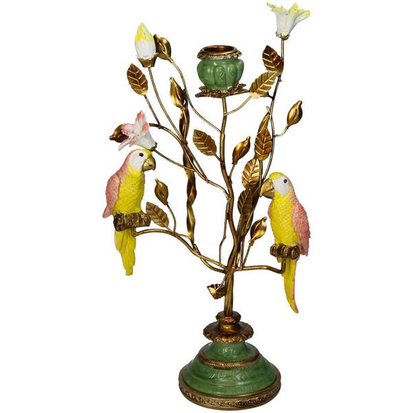 Kerzenständer Blätter mit Vögeln – Bronzeton – Deko für Innen & Außen – ↑33cm – Naturinspirierter Metall – Polyresin – Mix – Bunte Vögel auf Zweigen – Plant
