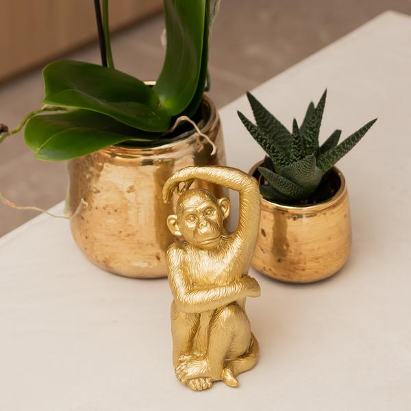 Ornament Dekoskulptur Sitzender Affe – Gold – Handgefertigte Polystone – Figur – 13cm – Verspieltes Dekoaccessoire für Zuhause und Pflanzensets – Plant
