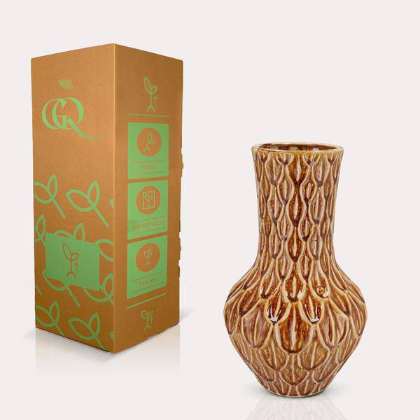 Vase Stein Boa Braun – H39xB23cm – Keramikvase in Natursteinoptik – Dekovase für Trockenblumen & Kunstpflanzen – Plant