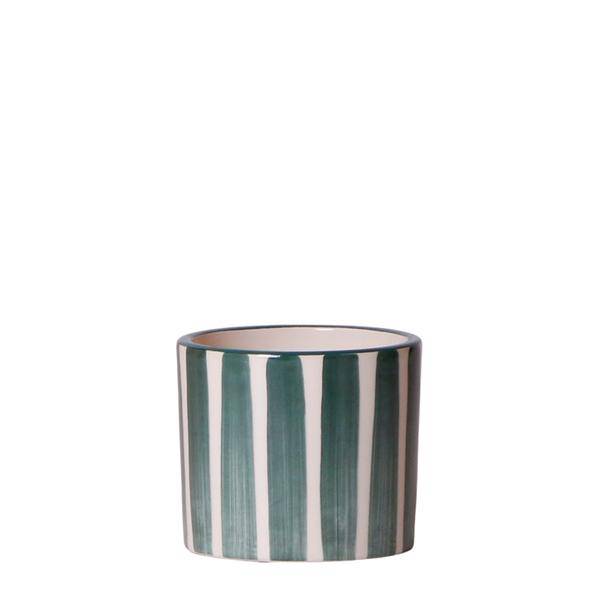Topf Gemalter Streifen – Grün – Ø6cm – Mediterraner Keramik Blumentopf mit Streifenmuster – Übertopf aus der Mediterranean Sunset Kollektion – Plant