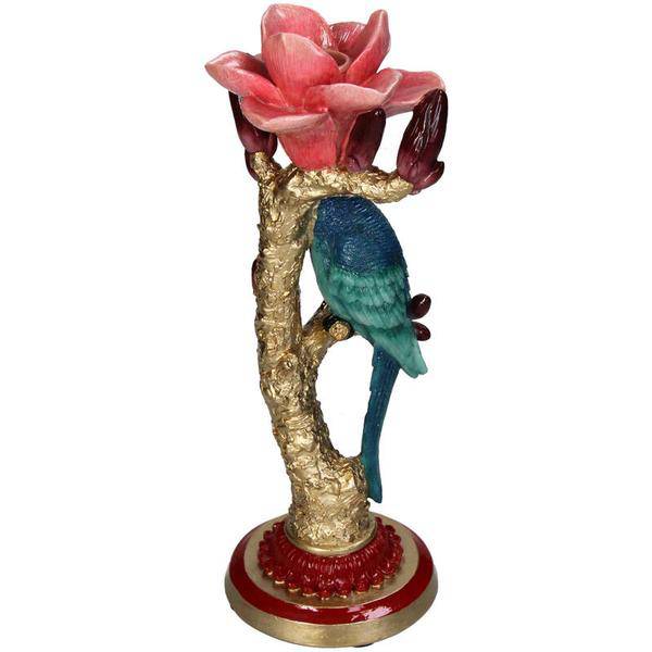 Kerzenständer aus Kunststein – Vogel & Blume – Kerzenhalter Polyresin – 27cm – Dekorativer Kerzenständer mit blauem Vogel und roter Rose – Plant