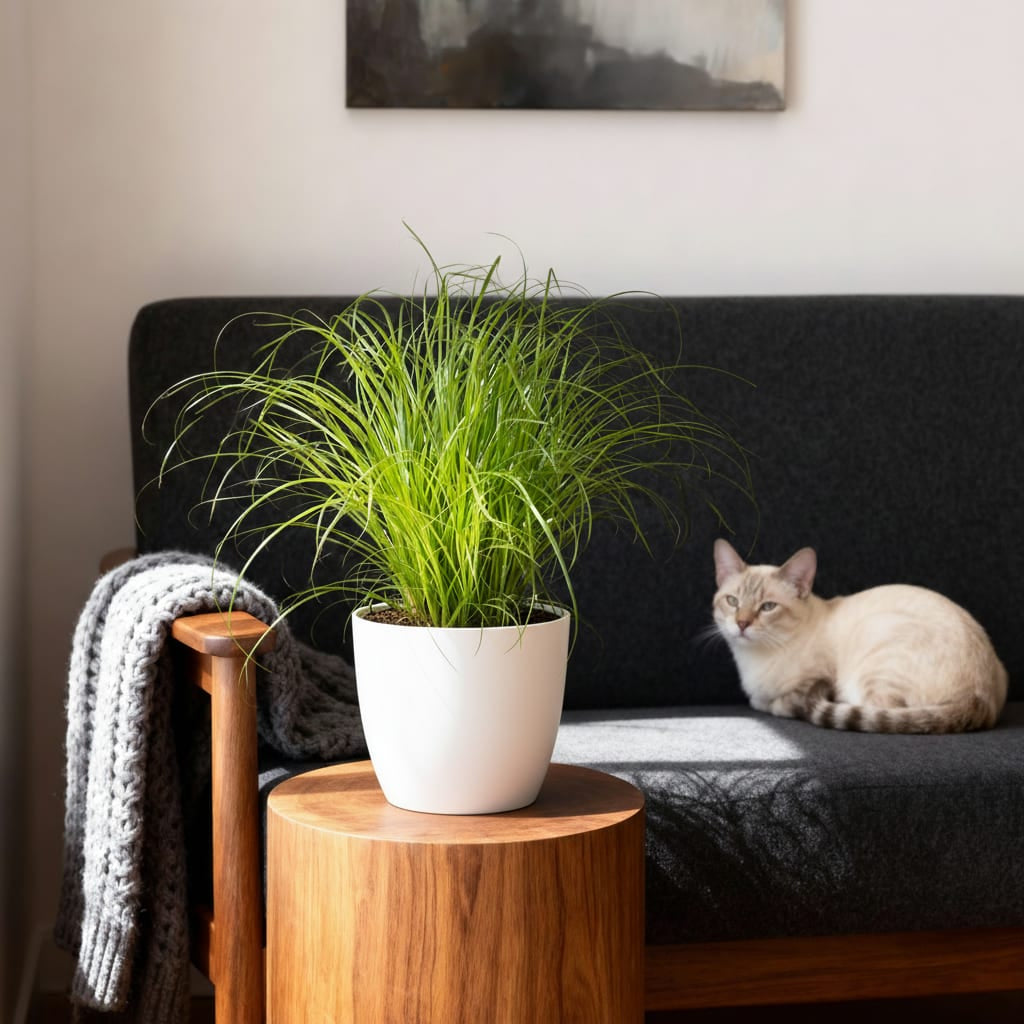Cyperus Alternifolius Zumula Katzengras Pflanze mit weißem Topf Ø12cm Höhe 20cm Haustierfreundliche Grünpflanze pflegeleicht für Zimmer & Büro