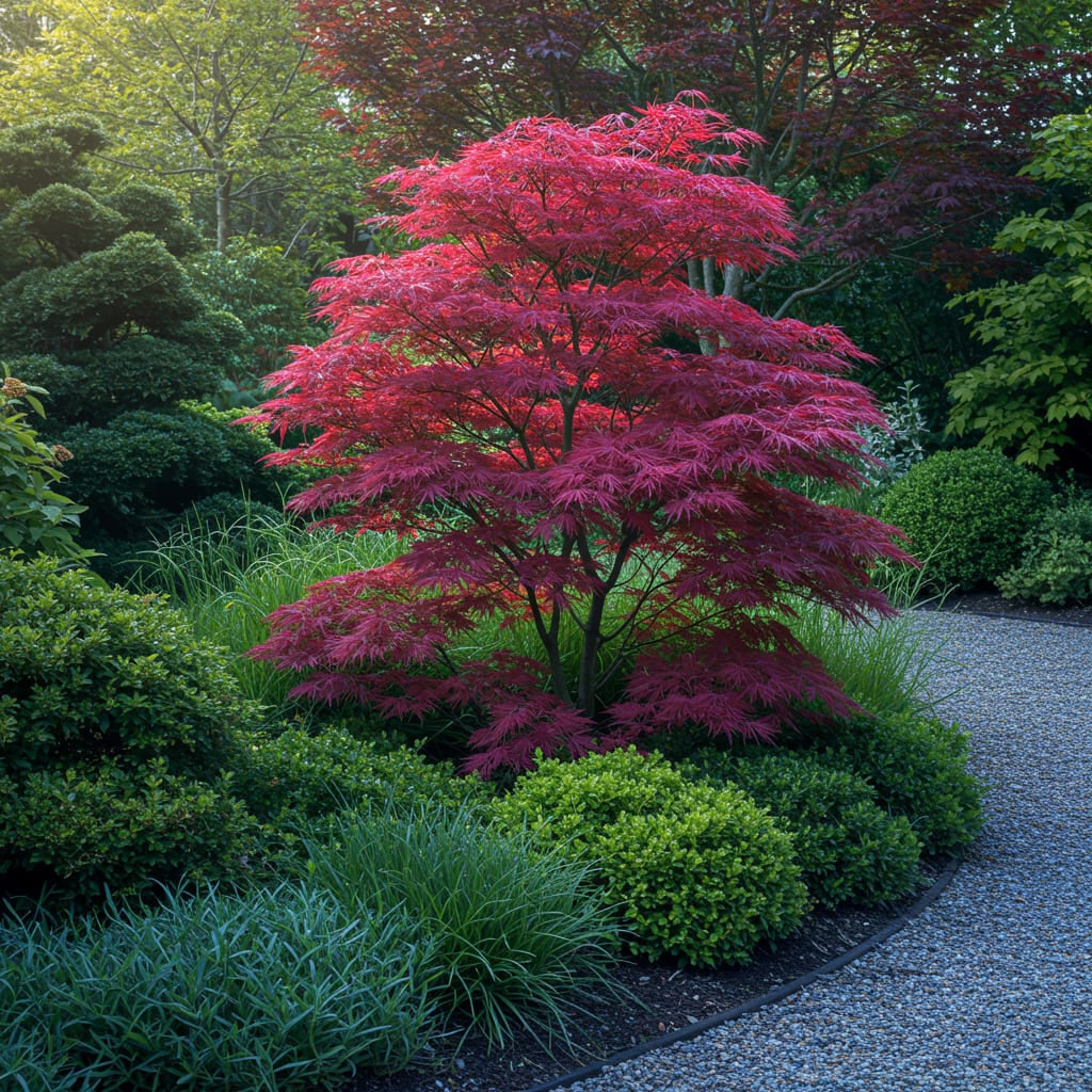 Japanischer Ahorn Acer palmatum Atropurpureum – Lila Balkonpflanze – Ø19cm – Höhe ca. 70cm – Kompakter Zierahorn mit tiefviolettem Laub – Plant
